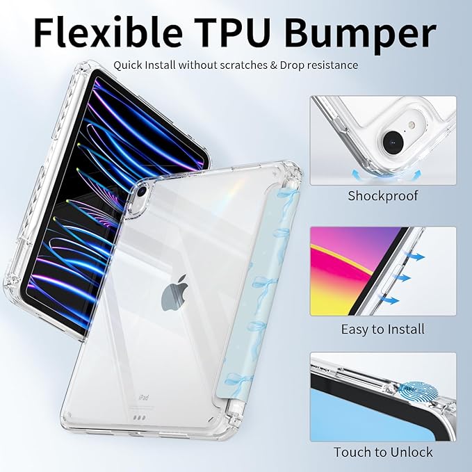 for iPad Air 11 Inch Case M4 (2026)/ M3 (2025)/ M2 (2024), iPad Air 10.9" 5th/4th Generation Case 2022/2020 with Pencil Holder, Trifold Stand Protective Clear Cover, Bow Composition Book