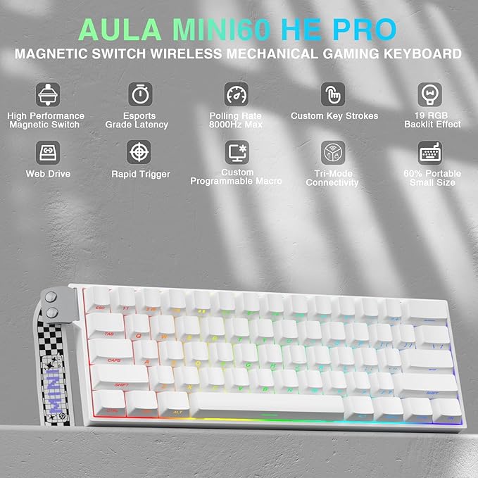 Aula MINI60 HE PRO Wireless Gaming Keyboard 60%,Hall Effect Rapid Trigger Magnetic Keyboard,8000Hz Polling,Tri-Mode(BT5.0/2.4GHz/USB-C),RGB Hot Swappable Compact Mechanical Keyboard for Gamer(White)