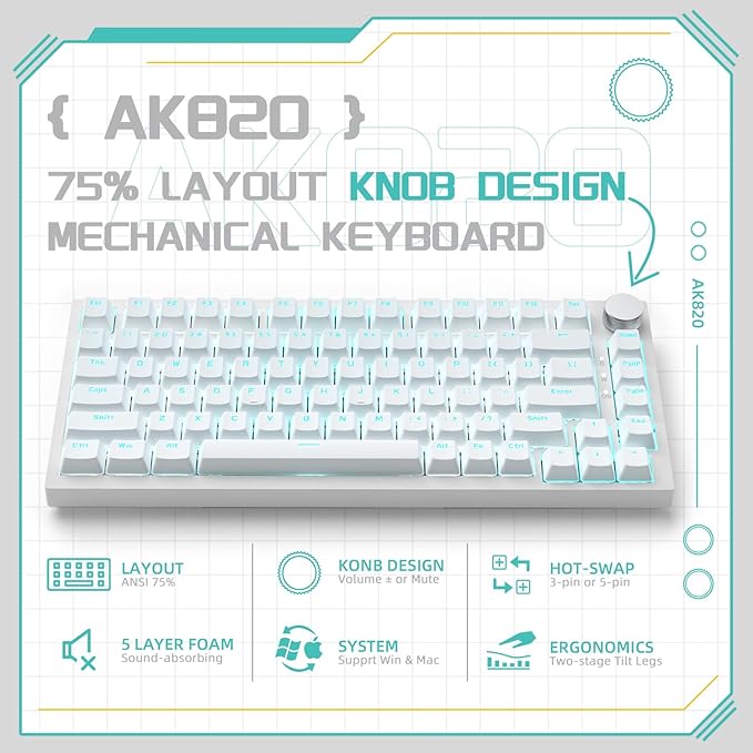 Attack Shark ajazz AK820 Wired Mechanical Gaming Keyboard with Volume Knob Hot Swappable 75% Gasket Keyboard 5-Layer Noise Absorbing Foam PBT Keycap Ice Blue Backlit Blue Switch for PC/Win/Mac-White