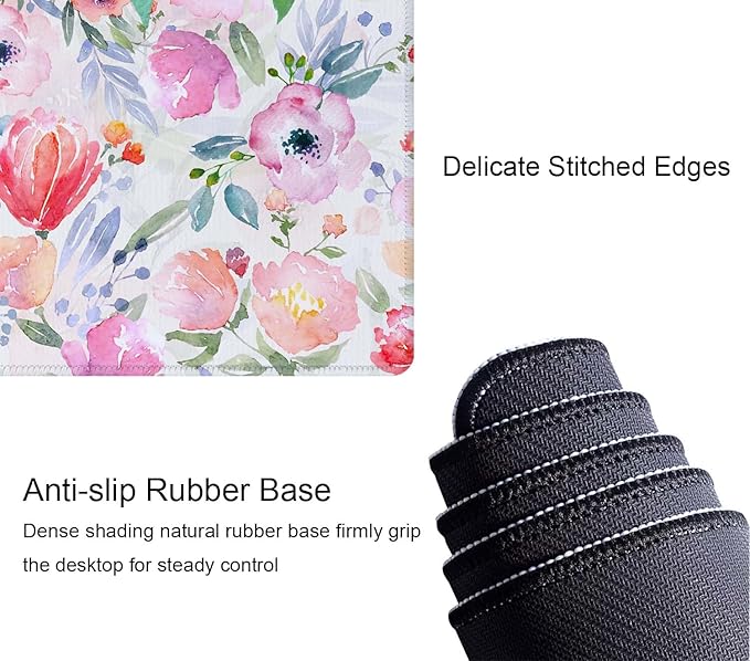Watercolor Floral Botanical Pattern Desk Mat, Extended Big Mouse Mat for Home and Office, Large Gaming Mousepad Laptop Keyboard Mat with Non-Slip Rubber Base, Stitched Edges (31.50"x11.8"x0.12")