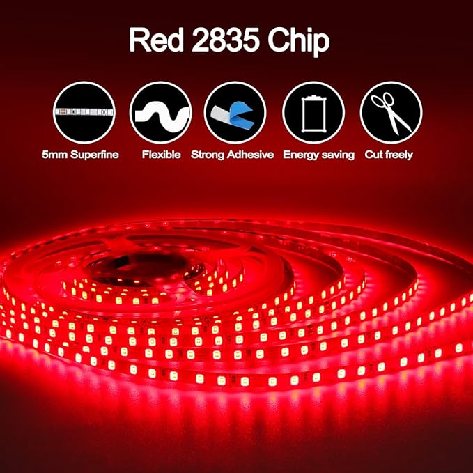 12V LED Strip Lights, 5mm Wide Ultra Narrow Red 16.4ft SMD 2835 IP20 120 LEDs/M, Total 600 LEDs Rope Light Strip for Bedroom, Kitchen, Advertising Decoration