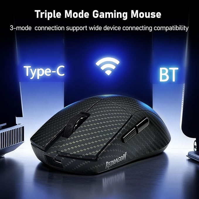Redragon M916 Plus Carbon Fiber Tri-Mode Gaming Mouse, 49G Ultra-Light 45K DPI Mouse w/Ergonomic Natural Grip Build, Full Programmable Buttons, Software Supports DIY Keybinds & DPI