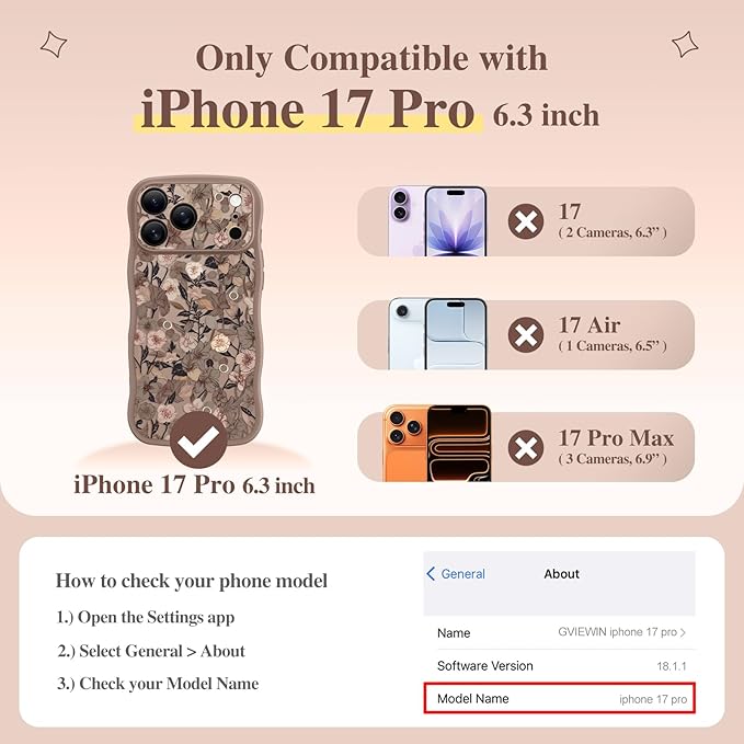 GVIEWIN for iPhone 17 Pro Case Compatible with MagSafe [Curly Wave Edge][Full Camera Protection] Floral Translucent Shockproof Magnetic Women Phone Case for iPhone 17 Pro 6.3'', Apricot Blossom/Brown