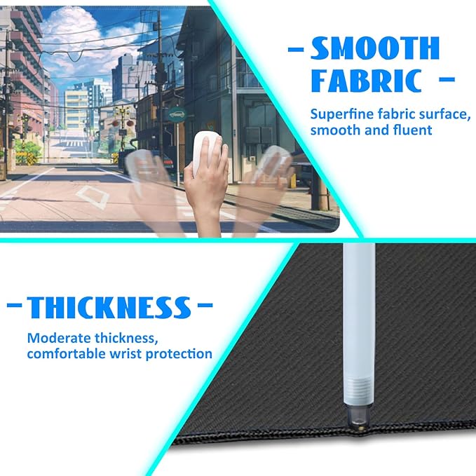 Desk Mat, Anime Summer Street Scenery Extended Gaming Mouse Pad Large, 35.4"x15.7" Big Mouse Pad with Non-Slip Base and Stitched Edge, Long Computer Keyboard Mouse Mat for Home Office Work