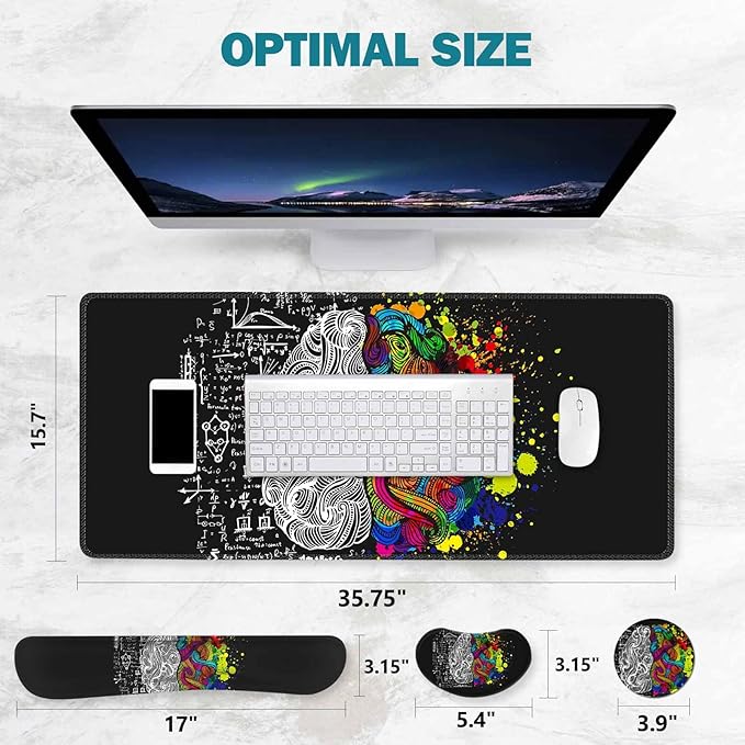 ToLuLu Extended Gaming Mouse Pad, Memory Foam Ergonomic Keyboard Mouse Wrist Rest Support Set, Large Desk Mat with Stitched Edges, Non-Slip Base Mousepad for Home Office Game, Left & Right Brain