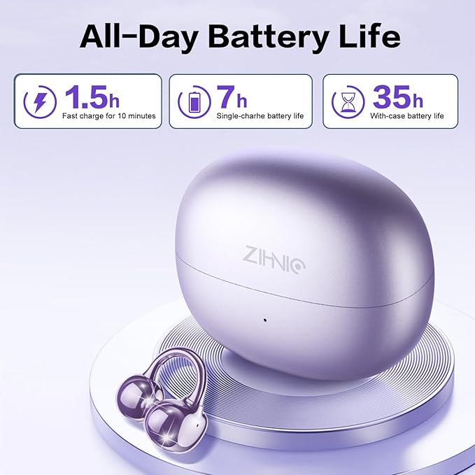 ZIHNIC S26 Wireless Clip on Earbuds, Open Ear Wireless Bluetooth 5.4 Headphones with Mic, IPX5 Waterproof, 35Hr Play time, Light Weight -Purple
