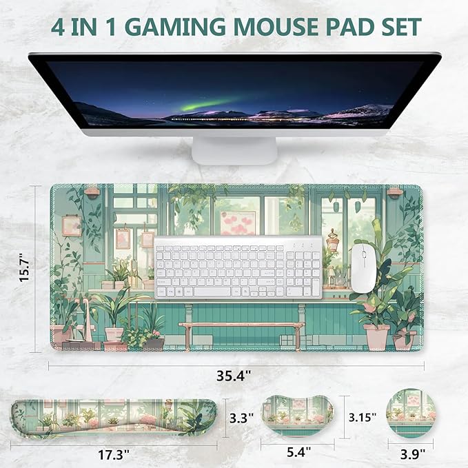 DINKY Large Mouse Pad and Keyboard Wrist Rest Set, Extended Desk Mat Keyboard Wrist Rest, 4in1 Ergonomic Memory Foam Desk Mat Protector Blotter for Home Office-Nice Green Window