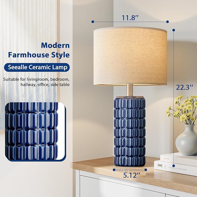 23" Modern Ceramic Table Lamps Set of 2 - Table Lamps for Living room, Farmhouse Bedside Night Stands Lamp for Bedroom, White Boho Nightstand Lamps Set of 2, Desk Lamp for End Table Home Decor(Blue)