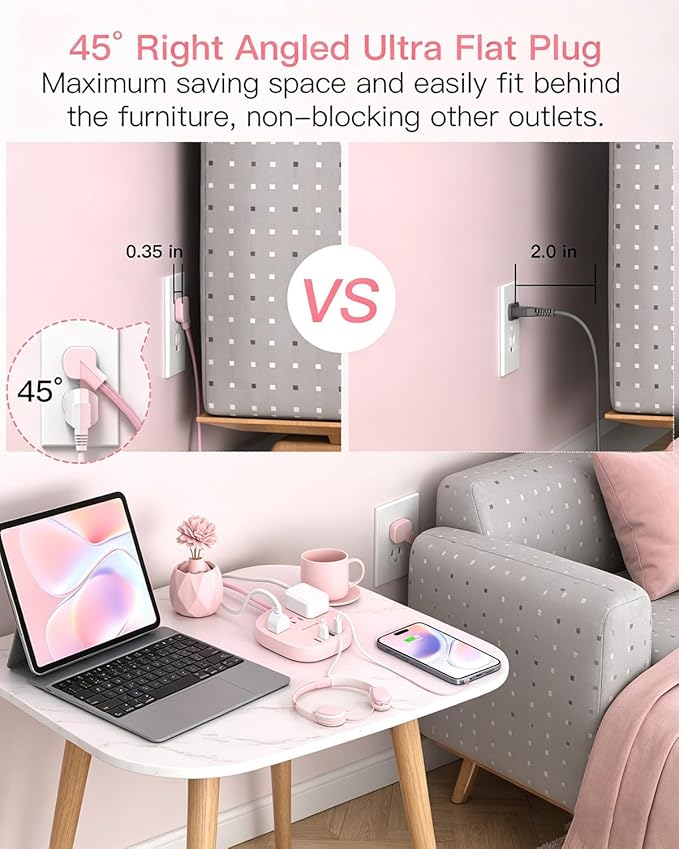 Cruise Ship Travel Essentials, 22.5W/4.5A Flat Plug Power Strip, 10Ft Long Extension Cord, 3 Outlets 4 USB Ports (2 USB C) Cruise Approved Power Strip No Surge Protection, USB Charging Station, Pink