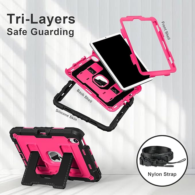 Kids Friendly Case for Apple iPad mini 7 A17 Pro 2024/iPad Mini 6 2021 8.3 Inch 7th/6th Gen Case with Pencil Holder & Shoulder Strap, Shockproof Kickstand Hard Shell Protective Cover,Black+Rose