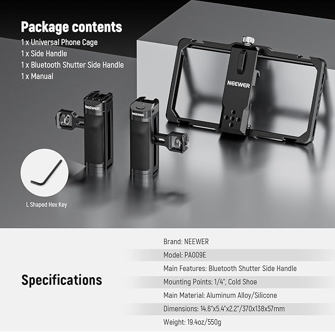 NEEWER Universal Phone Cage Video Rig with Bluetooth Shutter Side Handle Comfort Grips, Smartphone Stabilizer for Video Recording Compatible with iPhone 16 15 Pro Max 15 Pro Galaxy S24 Ultra, PA009E