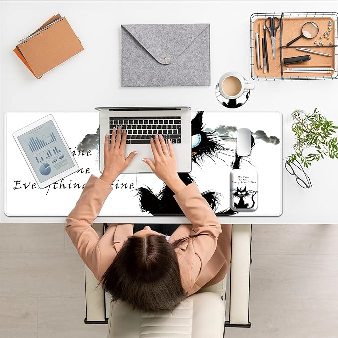 Large Mouse Pad Set, Desk Mat + Elbow Rest Pad + Coaster, Easy Typing Pain Relief, Ergonomic Arm Rest Pad with Memory Foam, Extended Desk Pad Anti-Slip Rubber Base for Office Home, Funny Black Cat