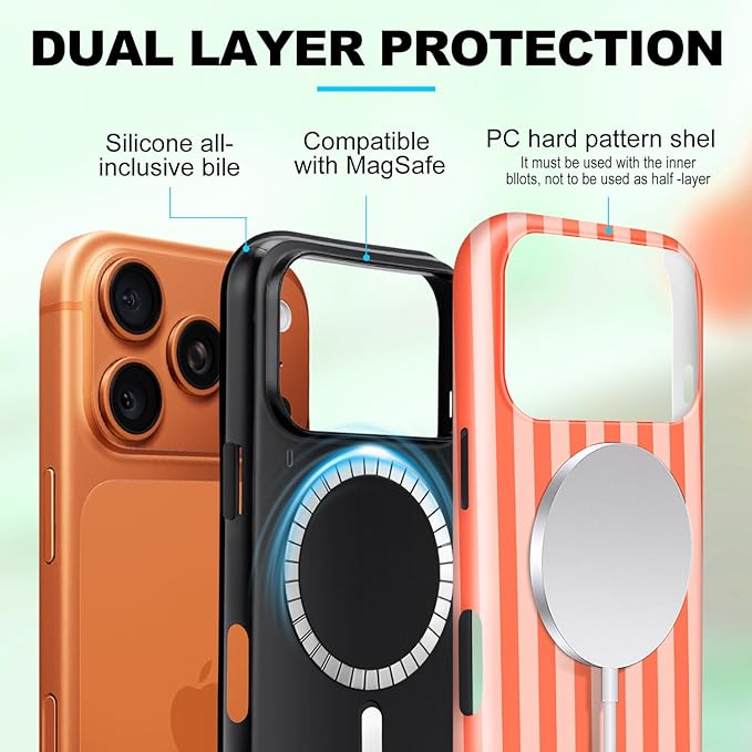 Magnetic for iPhone 17 Pro Case Cute Stripes Phone Case, Shockproof Slim TPU and Hard PC Protective Phone Cover Compatible with MagSafe Designed for Women Girls, Deep Orange