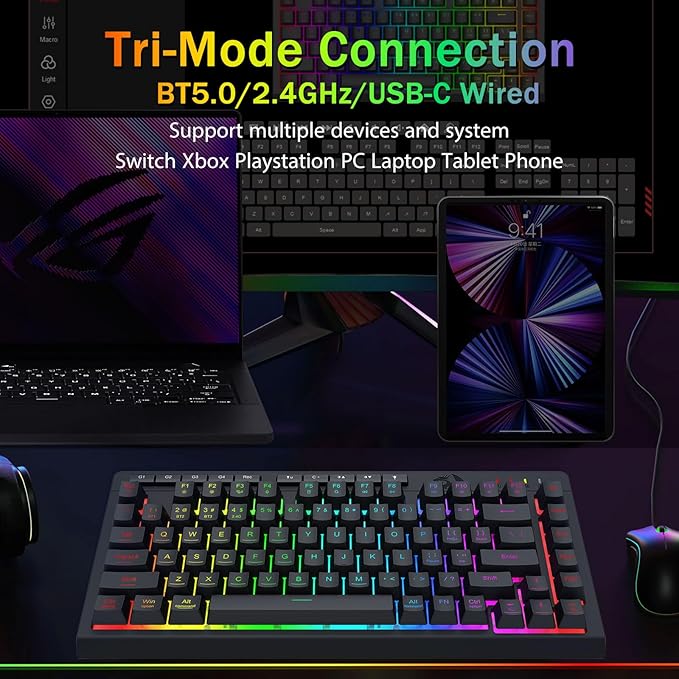 Redragon Wireless Gaming Keyboard, Bluetooth/2.4GHz/USB-C Wired, RGB Backlit, Portable 75% Mini Quiet Macro Membrane Keyboard, Rechargeable 4000mAh Battery, Anti-Ghosting for Win/MAC