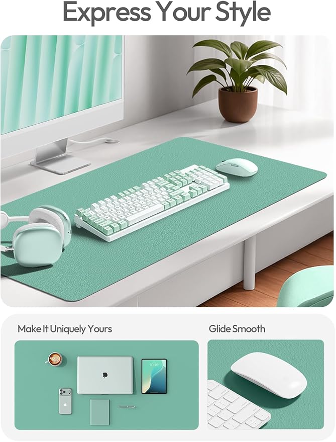 YSAGi Leather Desk Protector, Office Mat, Large Mouse Mat, Non-Slip PU Leather Blotter, Laptop Desk Pad, Waterproof Writing Pad for Office and Home (Green-Blue, 23.6" x 13.8")