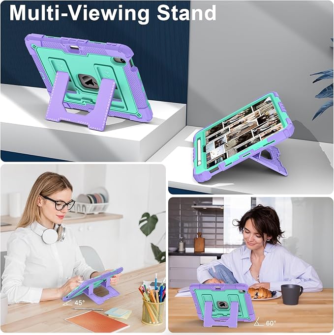 Kids Friendly Case for iPad Air 11 Inch M4 M3 M2 2026/2025/2024 Case with Pencil Holder & Shoulder Strap, Military Grade Shockproof Kickstand Hard Shell Protective Cover,Purple+Mint