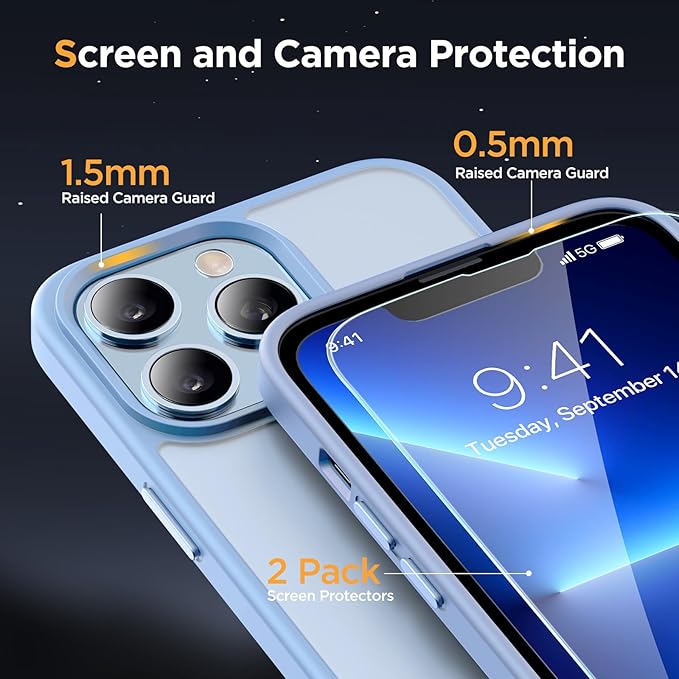 Miracase Magnetic for iPhone 13 Pro Case 6.1 inch (Compatible with MagSafe)（with 2X Screen Protectors） Military-Grade Protection, Anti-Fingerprint Translucent Matte Phone Case Cover, Light Blue