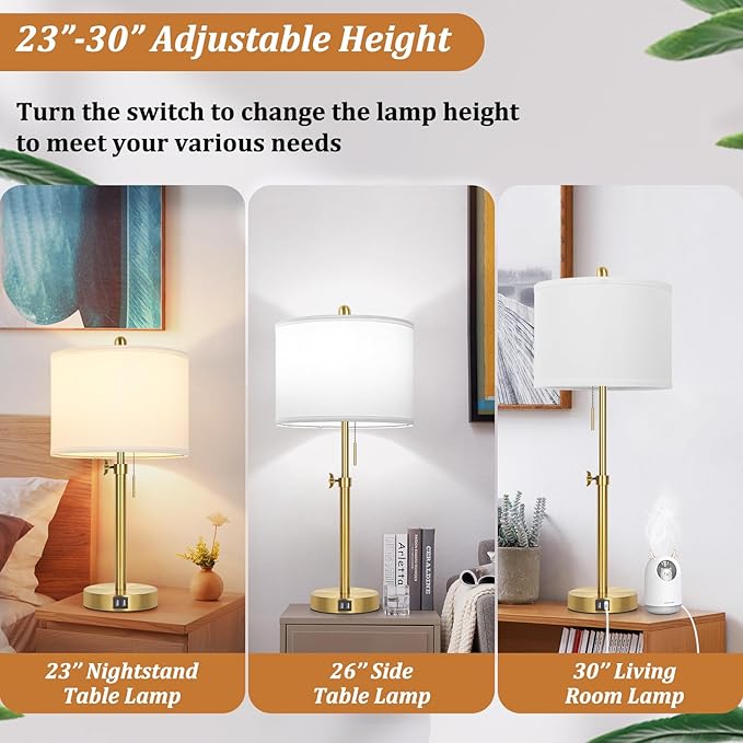 Kondras Table Lamp Set of 2, Bedside Lamp with 2 USB Ports, Gold Tall Table Lamp for Living Room End Tables, 23" to 30" Height Adjustable Lamp for Bedroom, Farmhouse Table Lamps with Pull Chain, E26
