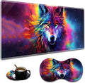 Extended Non-Slip Mouse Pad + Mouse Wrist Rest + Lace-Shaped Coaster Set, Ergonomic Design, Suitable for Desk and Home Gaming Table Mat, Colorful Space Wolf