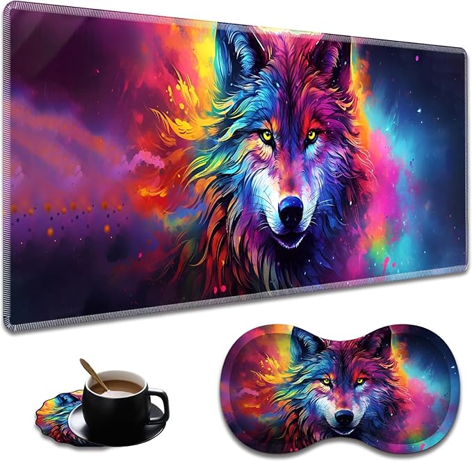 Extended Non-Slip Mouse Pad + Mouse Wrist Rest + Lace-Shaped Coaster Set, Ergonomic Design, Suitable for Desk and Home Gaming Table Mat, Colorful Space Wolf