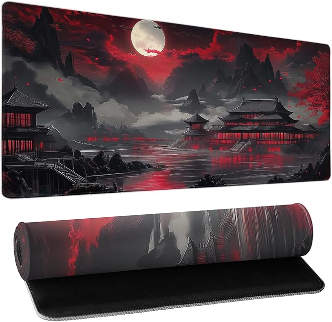 Riverside Full Moon Desk Mat Japanese Desk Pad Black Red Large Mouse Pad Gaming Mousepad 31.5"x11.8" Extended XXL Keyboard Pad Japanese Laptop Pc Computer Mouse Keyboard Mat for Home Office Work Game