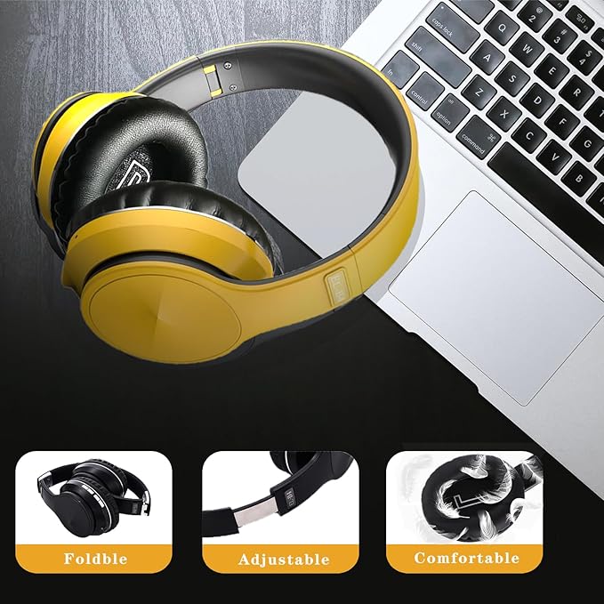 Active Noise Cancelling Headphones, Wireless Over Ear Bluetooth Headphones with Microphone Foldable Headphone with HiFi Audio Deep Bass for Home Travel Office Yellow