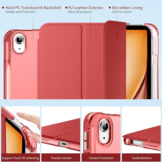 MoKo for iPad Air 11 inch Case (M4/M3/M2) 2026/2025/2024, iPad Air 5th/4th Gen 10.9 inch Case 2022/2020 with Pencil Holder, Slim Light Trifold Cover with Hard PC Translucent Back Shell, Touch ID, Red