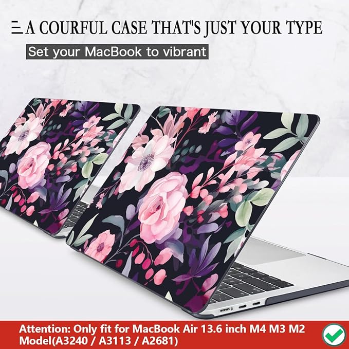 CISSOOK Compatible with MacBook Air 13.6 inch Case 2026 2025 2024 2022 Release A3449 A3240 A3113 A2681, Flower Plastic Hard Shell Case Black Cover for MacBook Air 13 inch M2 M3 M4 M5 - Pink Flowers