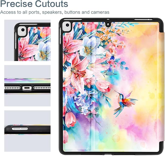 Vimorco Case for iPad Air 3 2019, for iPad Pro 10.5 inch 2017/2019, for iPad 9th/8th/7th Generation 10.2 inch,Multiple Viewing Angles,Pencil Holder, Full Protective,Auto Sleep/Wake,Hummingbird Flowers
