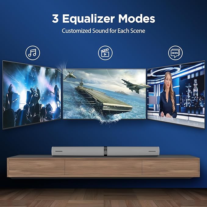 Sound Bar for Smart TV, 90W Soundbar with Bluetooth 5.3/ARC/Optical/AUX Connect, Auto Volume Boost, 3 Customizable Equalizer Modes, 2 in 1 Detachable Soundbar for TV/PC/Gaming/Projectors