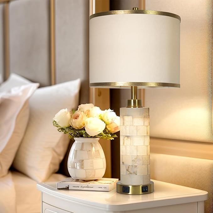 KIVDITZO 27" Alabaster Table Lamps Set of 2, Lamps for Living Room Bedroom,Bedside Lamps with Night Light,Nightstand Lamp with USB A+C Ports,Modern Table Lamp with Linen Shade (Bulbs Included)