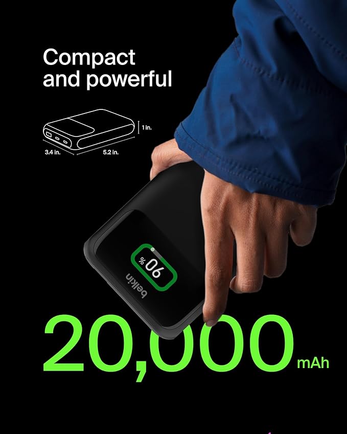 Belkin Portable Charger Power Bank, 3-Port Laptop Power Bank 20000 mAh, USB-A & USB-C Chargers Fast Charging 65W Ports for MacBook, Apple iPhone 17, iPad, Samsung Galaxy S25, Nintendo Switch 2 - Black