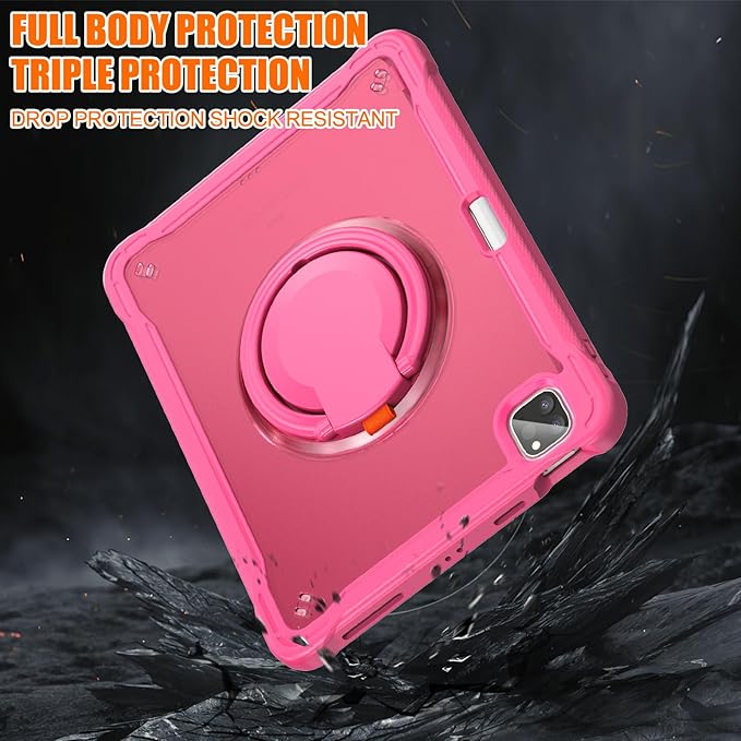 Batianda for iPad Pro 11 inch Case 2025 M5 2024 M4 Chip Lightweight Dual-Layer Protective Tablet Cover, Durable Shock-Absorbing Corners with 360° Rotating Kickstand Ring Built-in Pen Slot, Pink