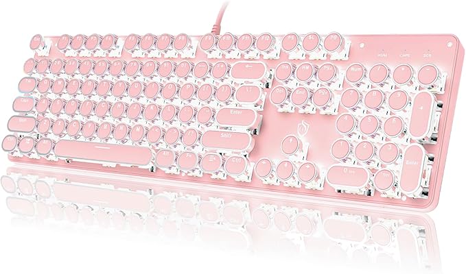 YSCP Typewriter Style Mechanical Gaming Keyboard White Backlit Wired with Blue Switch Retro Round Keycap 104 Keys Keyboard (Pink)
