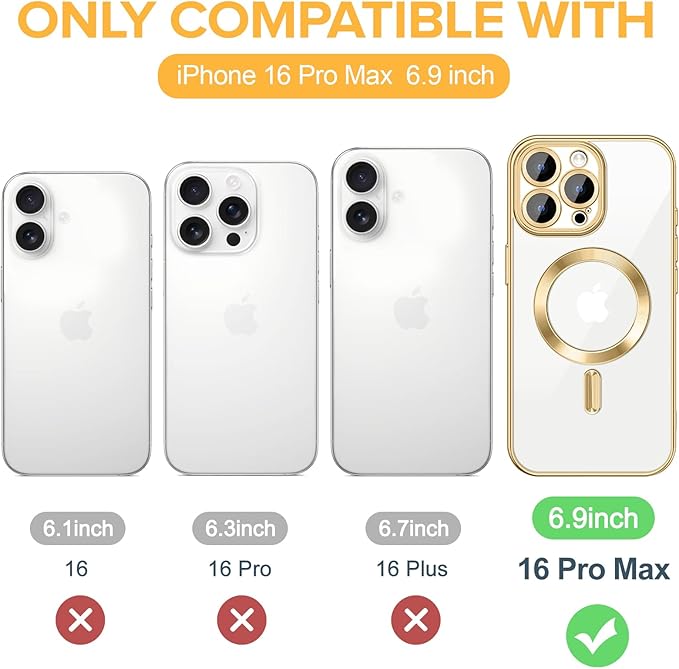 Hython Magnetic Clear for iPhone 16 Pro Max Case with Camera Lens Protector [Compatible with MagSafe] Plating Edge Slim Soft TPU Cover Protective Phone Case for iPhone 16 Pro Max 6.9", Gold