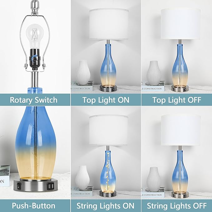 BesLowe 26in Tall Glass Table Lamps Set of 2 with 2 USB Charging Ports & LED Nightlight, Large Coastal Table Lamps for Living Room End Table, Modern Beach Lamps for Bedroom Bedside Nightstand, Blue