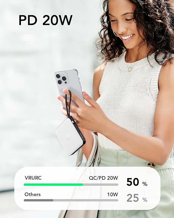 VRURC Battery Pack Charger Portable 10000mAh, 22.5W Power Bank Fast Charging with Built-in Cable, Cell Phone Power Bank for iPhone 17 16 15 & Early Series (White)