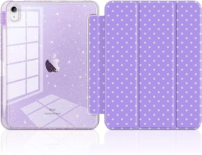 DONGKE for iPad Pro 11 inch Case – Fits M5 2025 / M4 2024, Shockproof Sparkling Glitter Acrylic Back, Pencil Holder, Trifold Stand, Auto Sleep/Wake & Touch ID Support - Purple Polka Dot