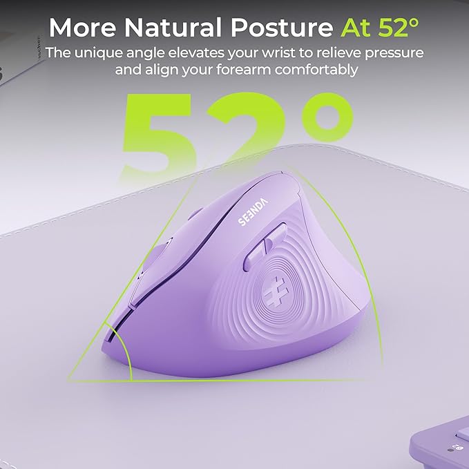 seenda Ergonomic Mouse Wireless, MOU200 Bluetooth Vertical Mouse - 3 Multi-Device Connectivity,1000/1600 /2400 DPI, Ergo Optical Mice for Windows, Mac OS, Computer/PC/Laptop, Purple