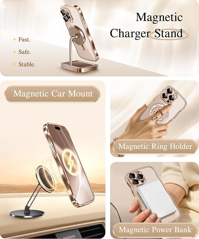 GVIEWIN for iPhone 16 Pro Case Compatible with MagSafe, Upgraded [Full Camera Protection][Cute Wave Frame][Military Grade Protection] Electroplated Soft Phone Cover for Women Girl, Clear/Rose Gold