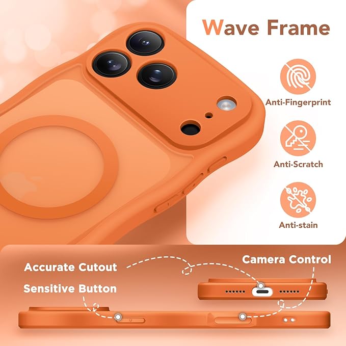CAPRARO Magnetic for iPhone 17 Pro Max Case for Women Girls, Upgraded [Full Camera Protection] [Compatible with MagSafe] Cute Wave Translucent Matte Phone Case for iPhone 17 Pro Max, Cosmic Orange