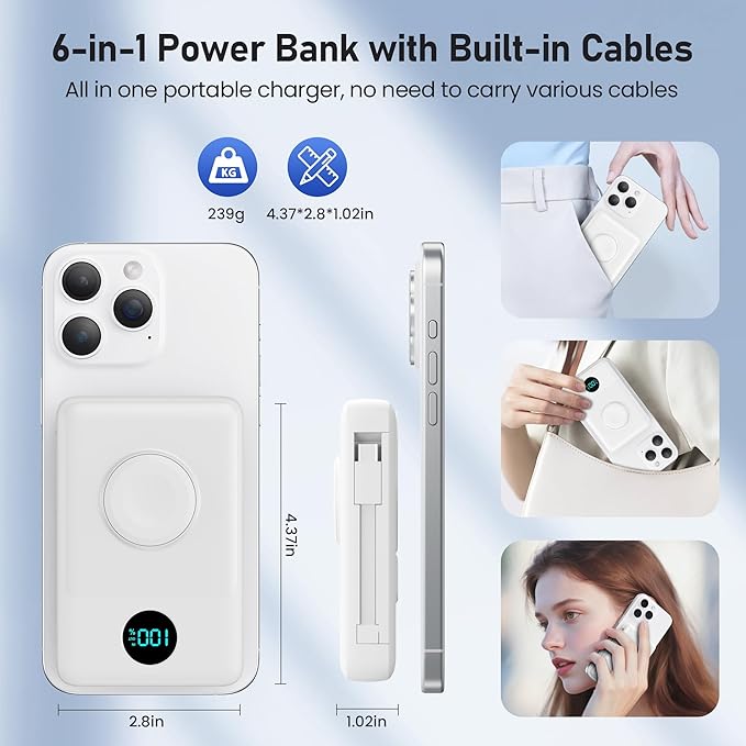 Magnetic Portable Charger for MagSafe with Built-in Cable, iWatch Charger, 10800mAh Wireless Power Bank Travel Essentials, 25W PD Fast Charging Battery Pack for iPhone 17/16/15/14/13,Apple Watch-White