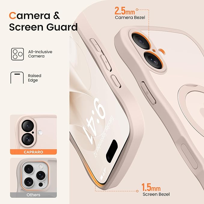 CAPRARO for iPhone 16 Case with 360° Spin Magnetic Stand for Women, [Compatible with MagSafe] [Full Camera Protection] Cute Wave Translucent Matte Case for iPhone 16, Pink Gold