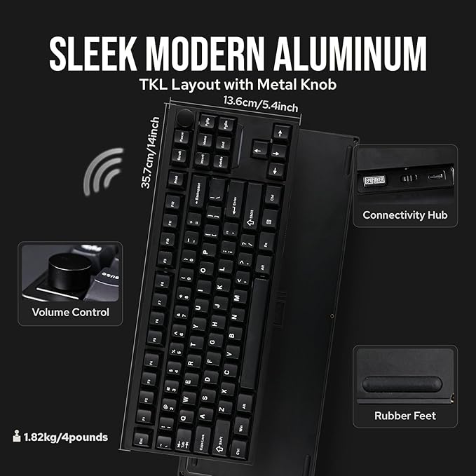 EPOMAKER P87 TKL Aluminum Wireless Gaming Keyboard, QMK/VIA Programmable, 87% BT/2.4Ghz/USB-C, with CNC Metal Knob and RGB Backlight (Black, Wisteria Linear Switch)