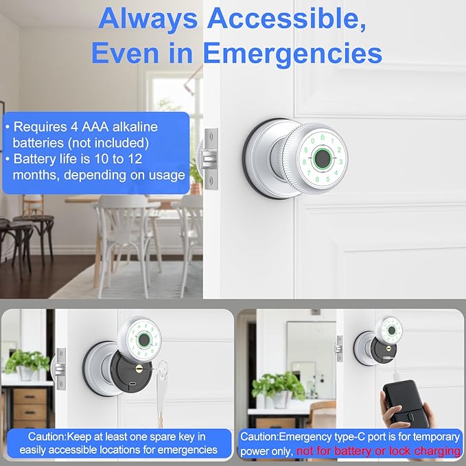 BIWIBON 5-in-1 Smart Door Knob, Fingerprint Door Knob with App Control, Smart Fingerprint Door Lock,Auto Lock, Ideal for Home, Bedroom, Office, Chrome