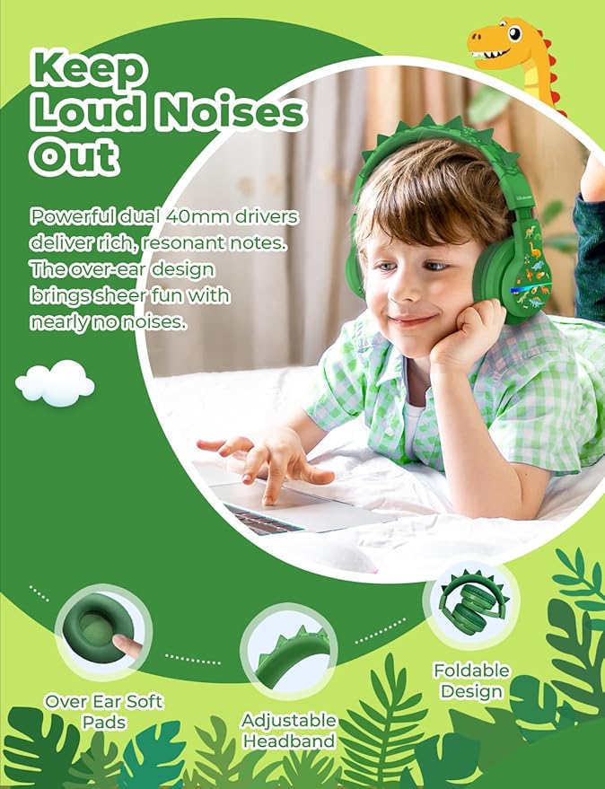 iClever BTH12 Kids Bluetooth Headphones,Colorful LED Lights Wireless Kids Headphones,74/85dBA Safe Volume,85H Playtime,Bluetooth 5.2,Over Ear Dinosaur Headphone Built-in Mic for iPad/Tablet/Airplane