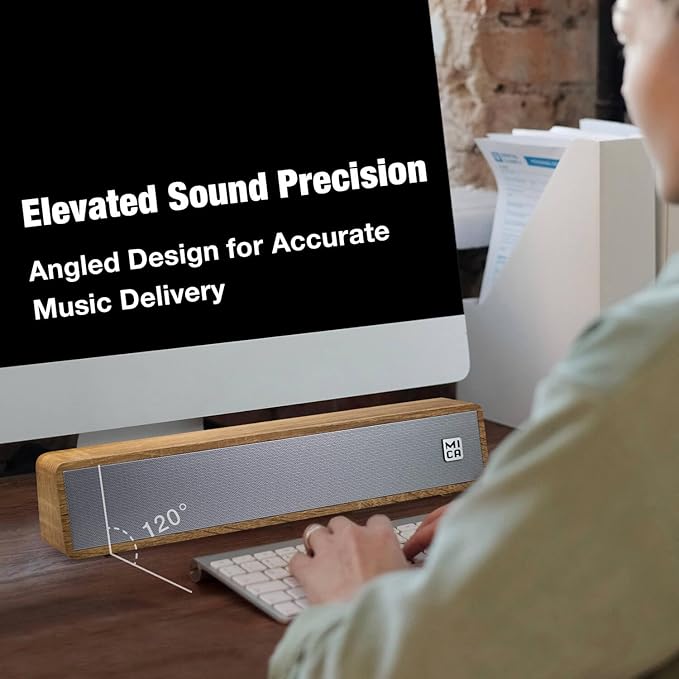 MICA Computer Speakers, Vintage Wired Computer Sound Bar, Retro Wooden Mini Soundbar, USB Powered PC Speakers for Desktop Monitor, Laptop, Tablet, 3.5mm Aux Connection, Angled (Yellow)