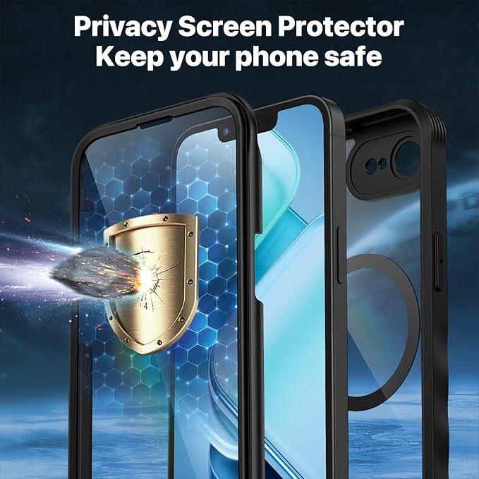 CENHUFO Magnetic Privacy Case for iPhone 16E / iPhone 17E [Compatible with Magsafe] Full Body Phone Case Built-in 9H Glass Privacy Screen Protector and Camera Protector, Shockproof Cover - Black