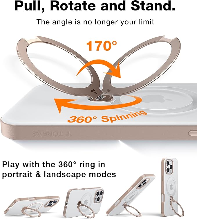 TORRAS 360 Spin Magnetic Stand for iPhone 16 Pro Max Case, Fit for MagSafe, Military Grade Protective Ostand Case for 16 Pro Max Phone Case with Stand Rotatable, Desert Pink 6.9 inch