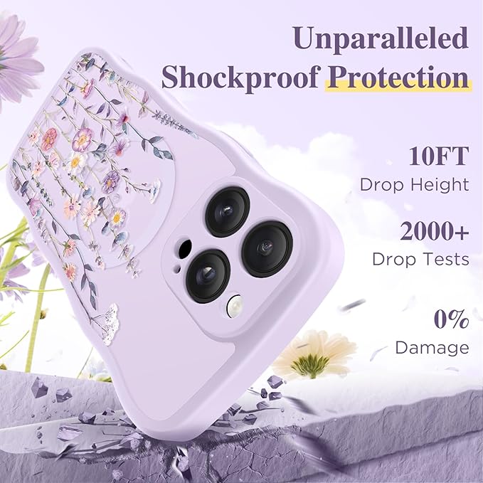 GVIEWIN for iPhone 14 Pro Max Case Compatible with MagSafe [Curly Wave Edge][Full Camera Protection] Floral Translucent Shockproof Magnetic Women Phone Case for 14 Pro Max, Floratopia/Colorful